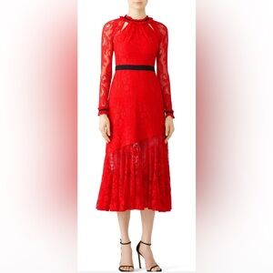 Three Floor flirty, romantic split tease lace red dress. NWOT. Women’s size 4